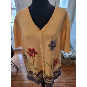 Alfred Dunner Yellow Short Sleeve Cardigan Crochet Embroidery XL Cottage Spring